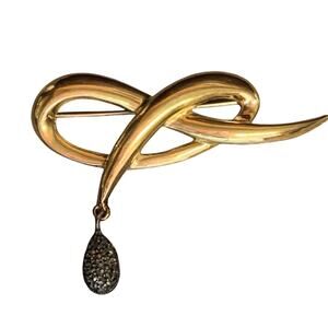 Judith Jack Two Tone Sterling Silver Ribbon Brooch w/ Marcasite Teardrop Dangle